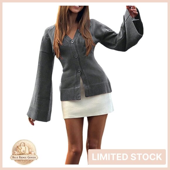 Y2K Long Bell Sleeve Cardigan V Neck Button Down Open Front Knit Sweater